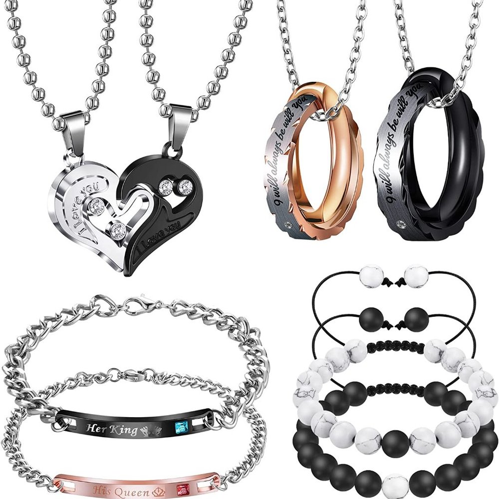 New 8 Pieces Couples Necklace Bracelet Matching Bracelets Set for Women Men, Her